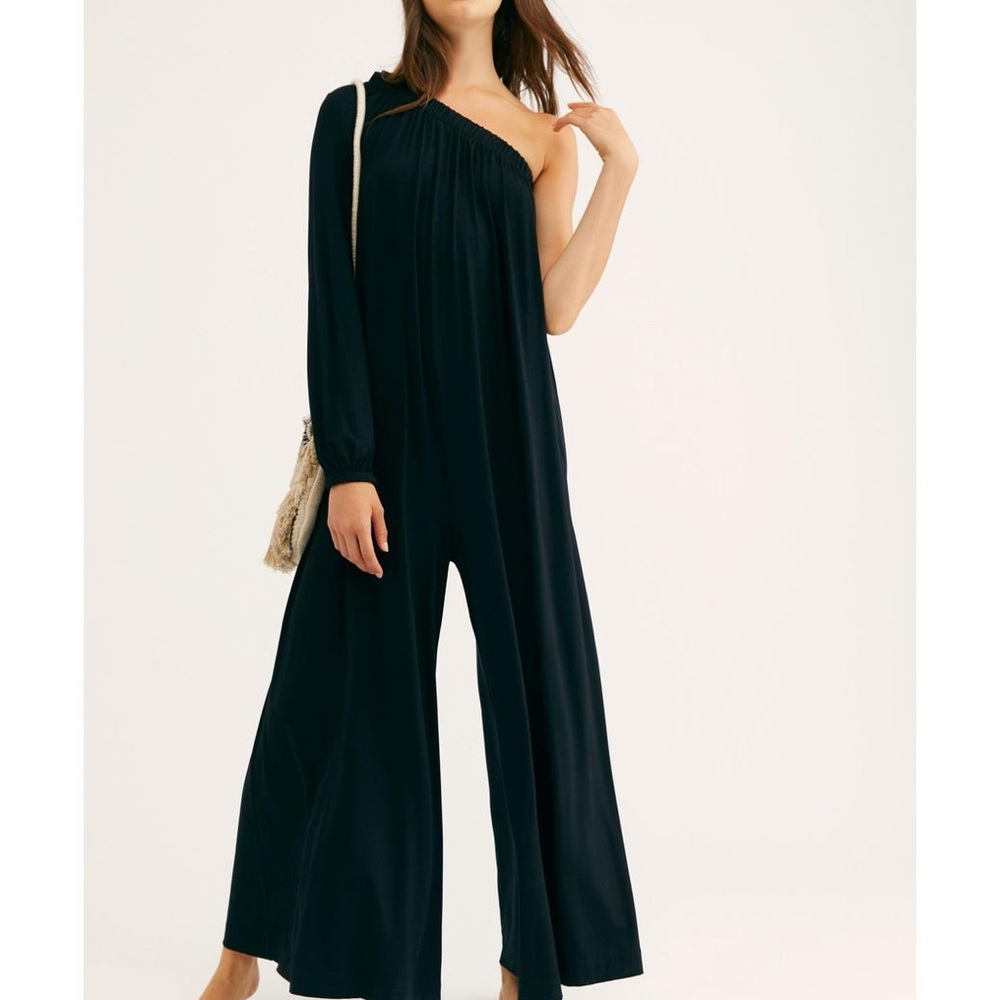 NWT Free People Black Sunday Stroll One Shoulder Jumpsuit Romper By Fp Beach L